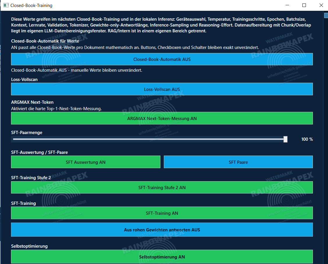 Backend-Einblick in Closed-Book-Training und lokale Systemsteuerung von Rainbow